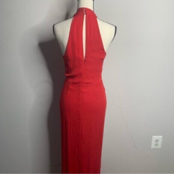 Vintage Red Halter Plunged Neckline Gown with Elegant Ruffle Detail - Picture 12 of 12